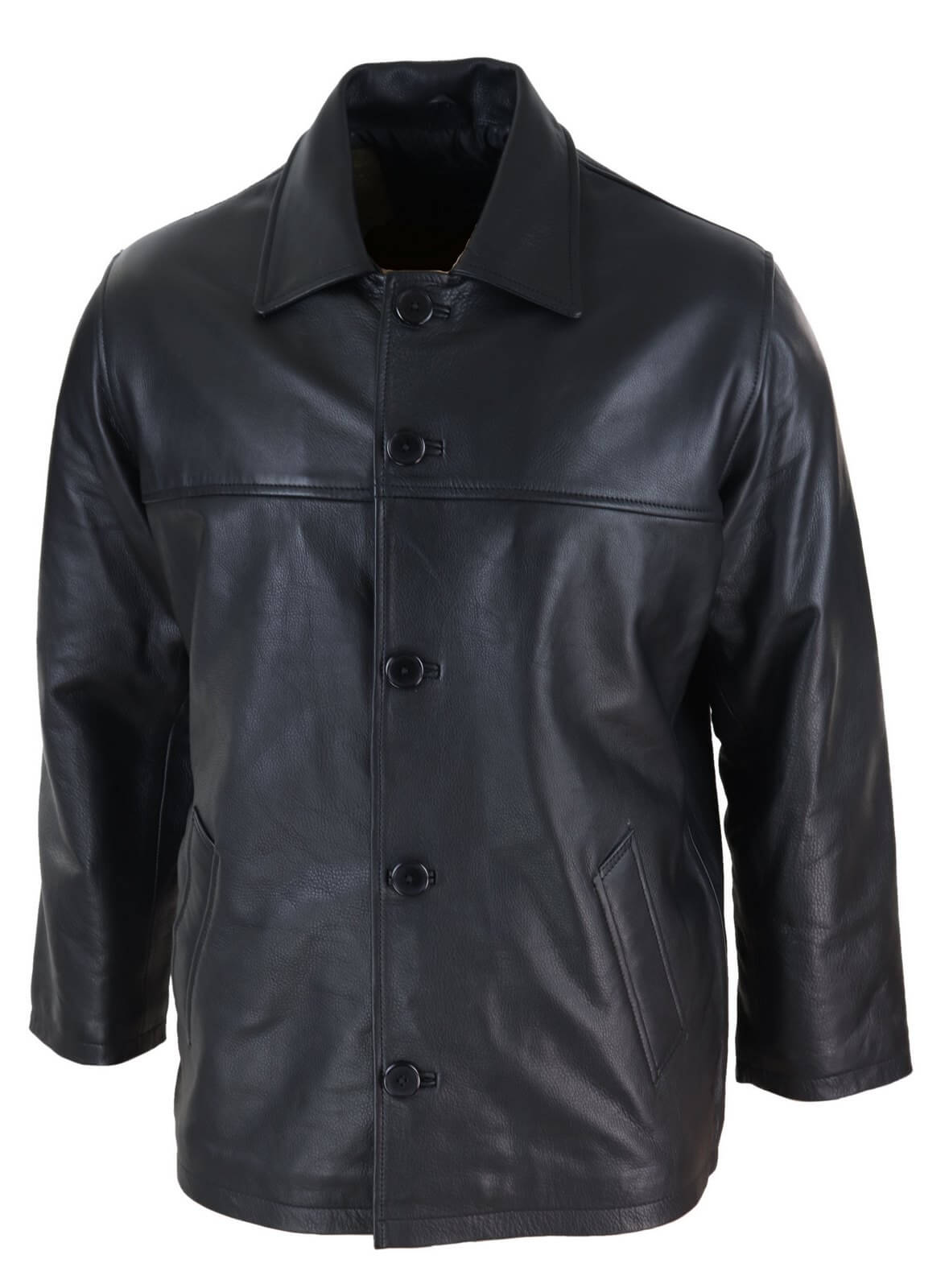 Men Mid Black Length Classic Leather Coat