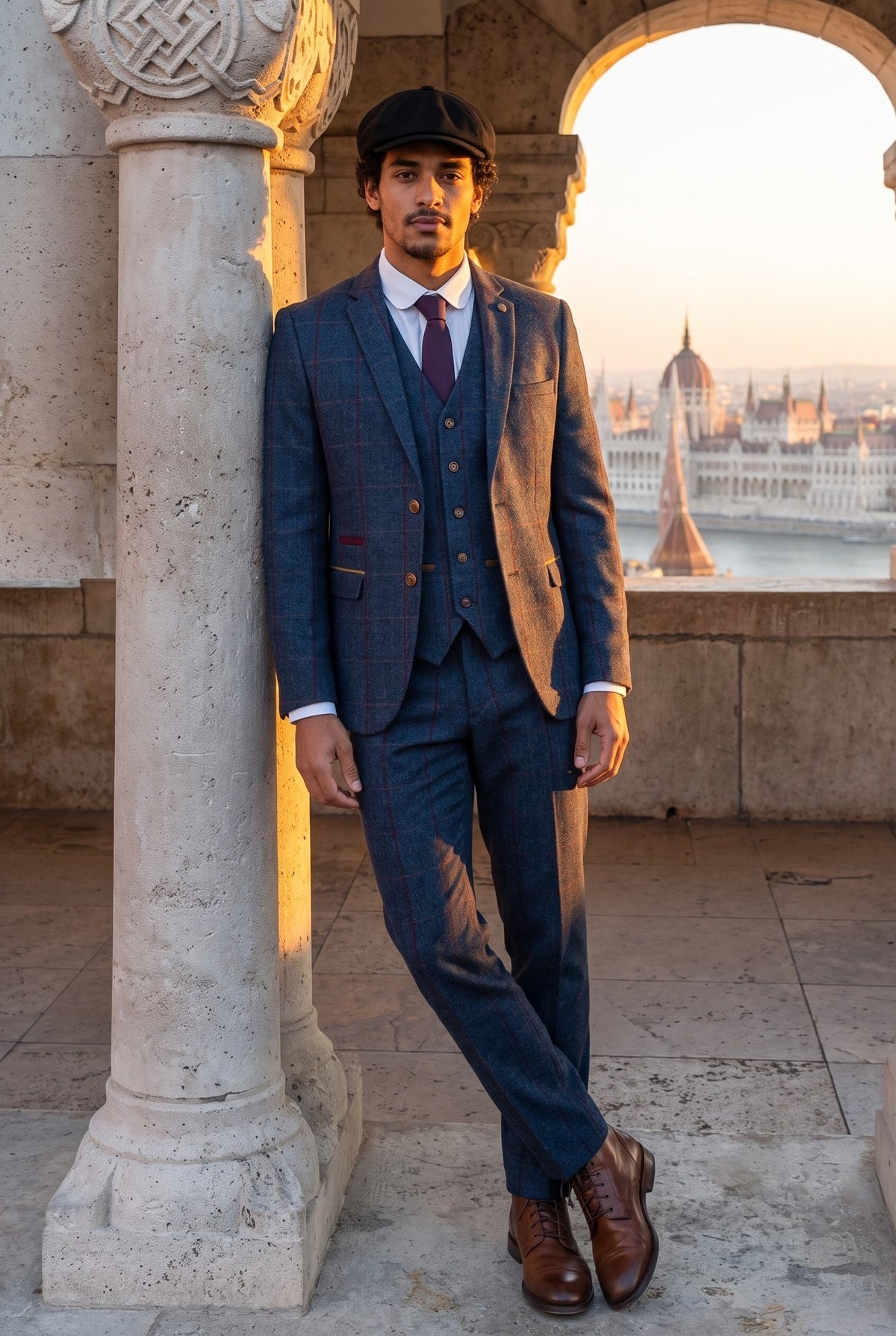 Look #553 styled with Costum bărbătesc din tweed cu model herringbone, 3 piese, bleumarin, în carouri roșii, stil vintage, anii 1920, croială croită