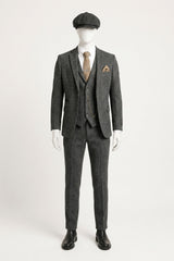 Costum bărbătesc gri cărbune din 3 piese, model herringbone, din tweed - STZ11