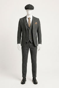 Costum bărbătesc gri cărbune din 3 piese, model herringbone, din tweed - STZ11