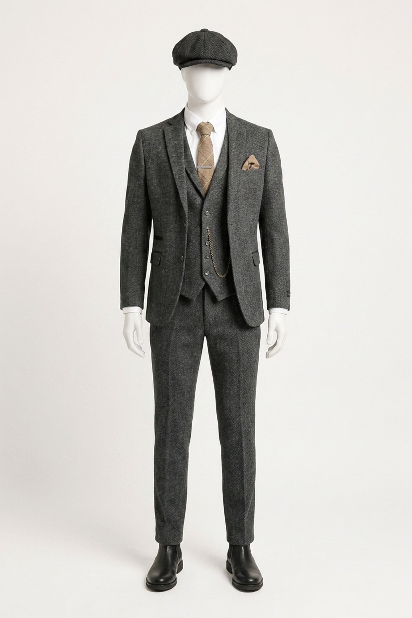 Costum bărbătesc gri cărbune din 3 piese, model herringbone, din tweed - STZ11