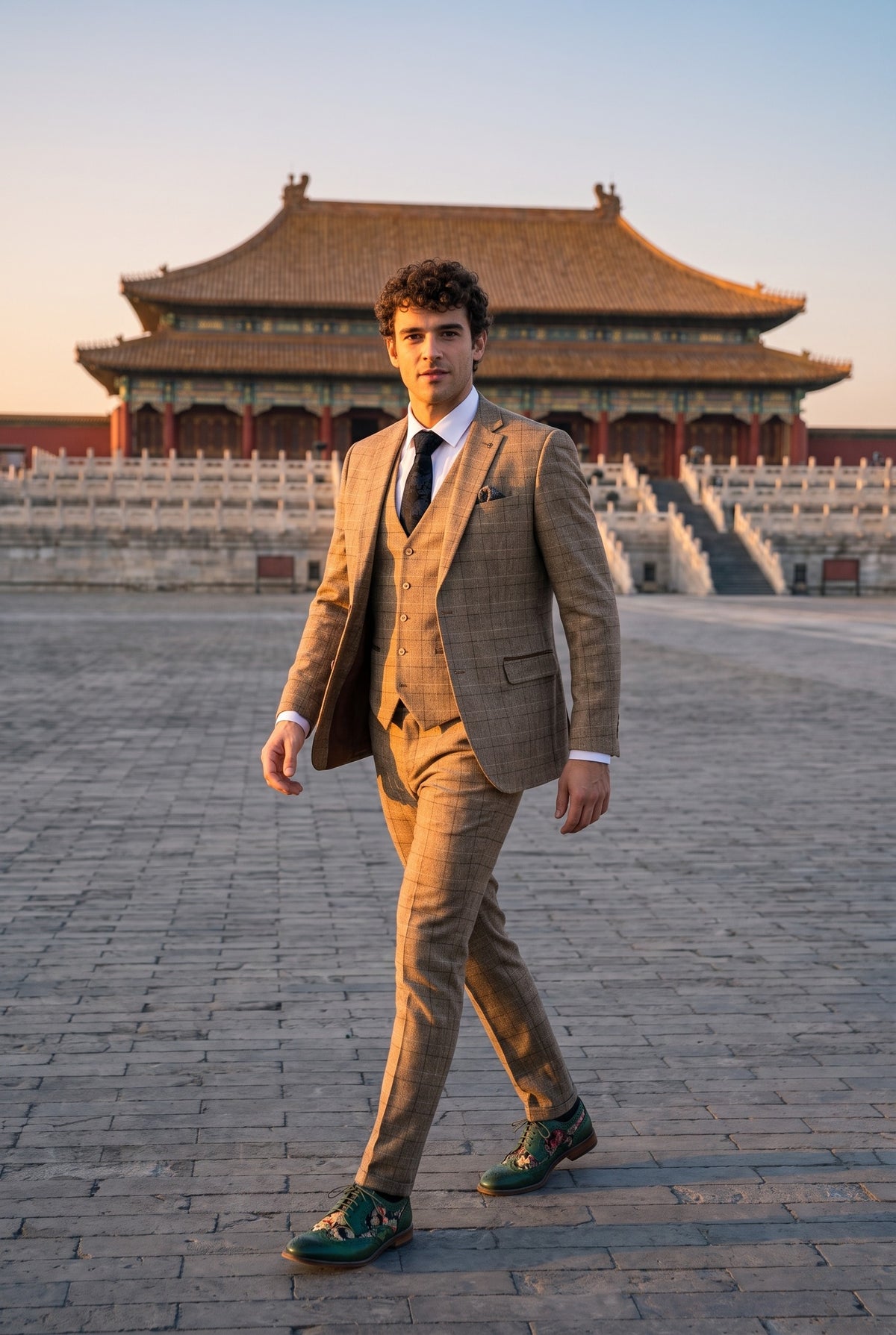 Look #278 styled with Costum bărbătesc din 3 piese, maro, în carouri, Liam