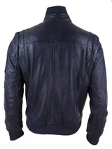 Real Leather Autumn Jacket with High Neck for Mens - Navy Color