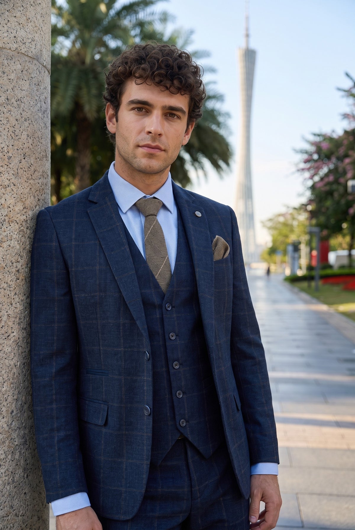 Look #729 styled with Costum bărbătesc din 3 piese, lână, tweed, bleumarin, maro, în carouri, stil Gatsby, anii 1920