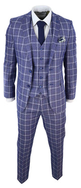 Mens 3 Piece Slim Fit Suit Herringbone Tweed Check Vintage Classic 1920s Blue