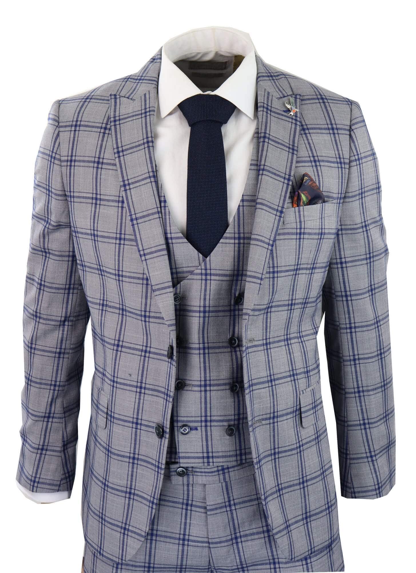 Men's Grey Blue Check 3 Piece Suit
