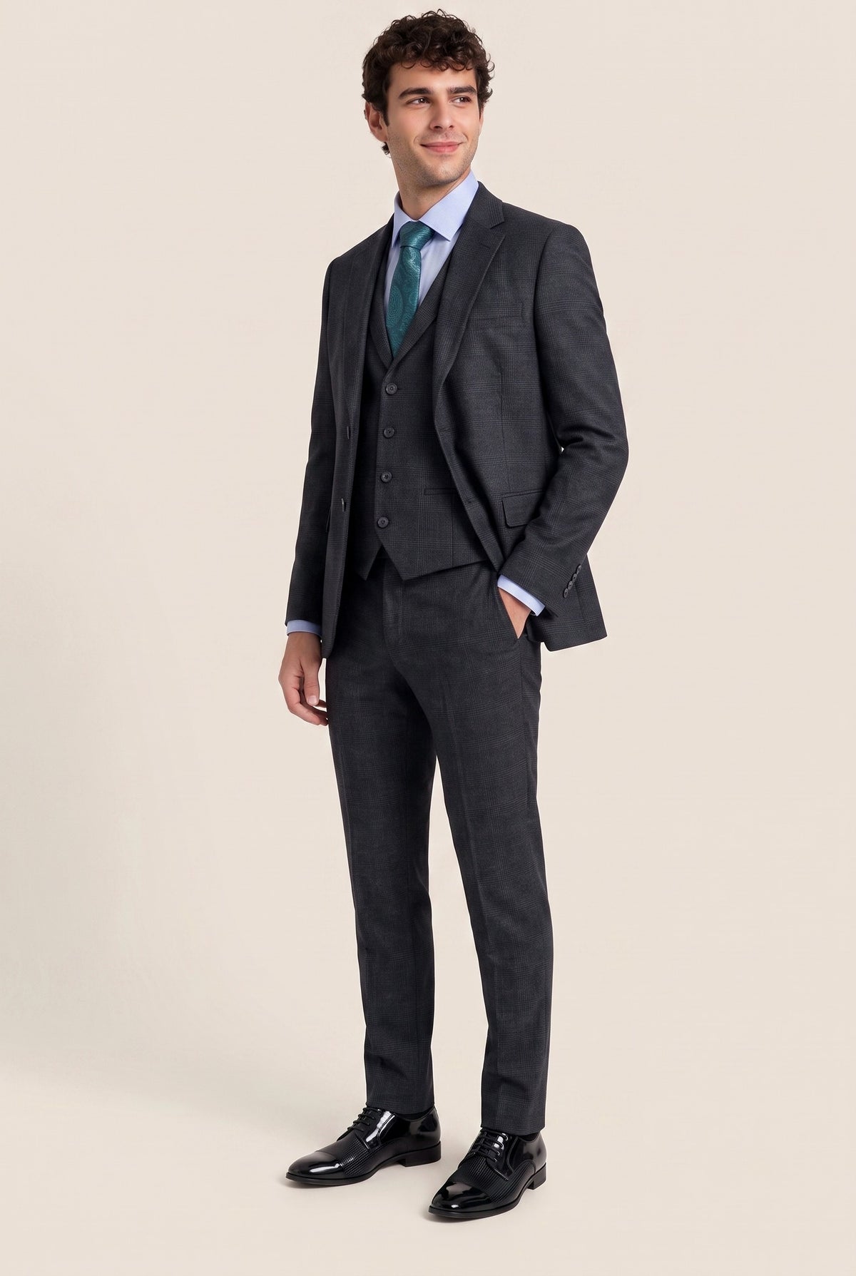 Look #964 styled with Costum bărbătesc negru cu model Glen Check din 3 piese