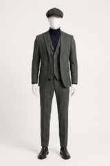 Costum bărbătesc gri cărbune din 3 piese, model herringbone, din tweed - STZ11