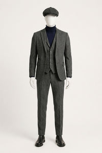 Costum bărbătesc gri cărbune din 3 piese, model herringbone, din tweed - STZ11