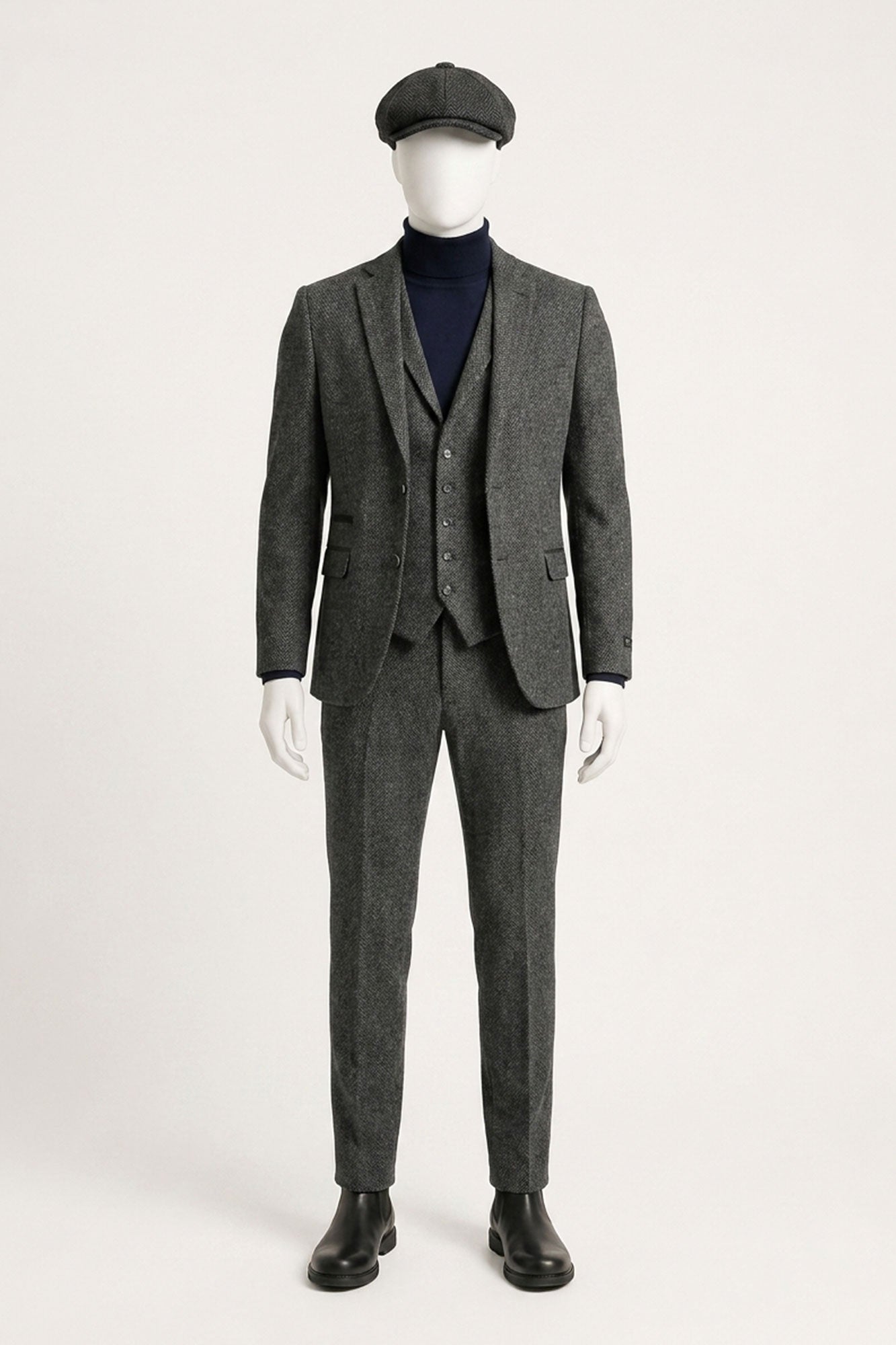 Costum bărbătesc gri cărbune din 3 piese, model herringbone, din tweed - STZ11
