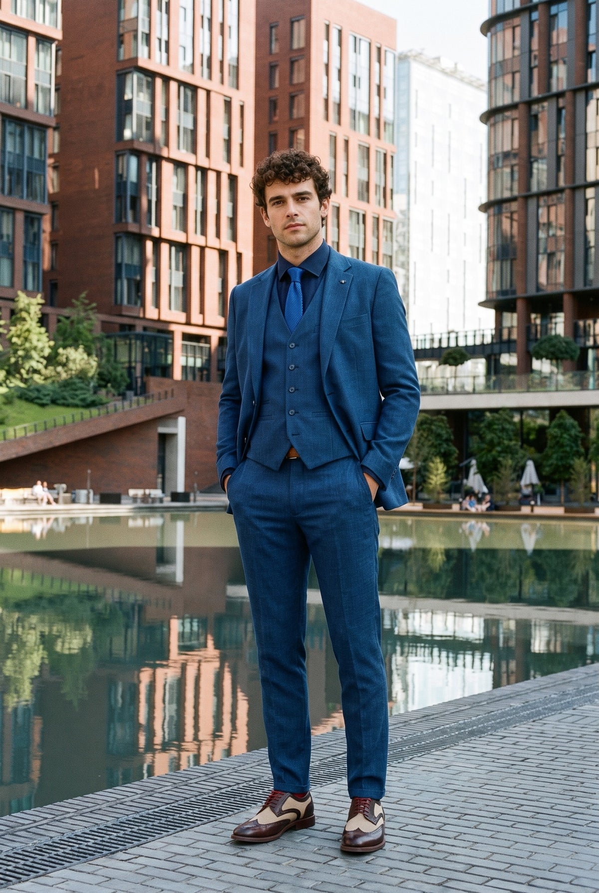 Look #998 styled with Costum bărbătesc albastru de vară din in