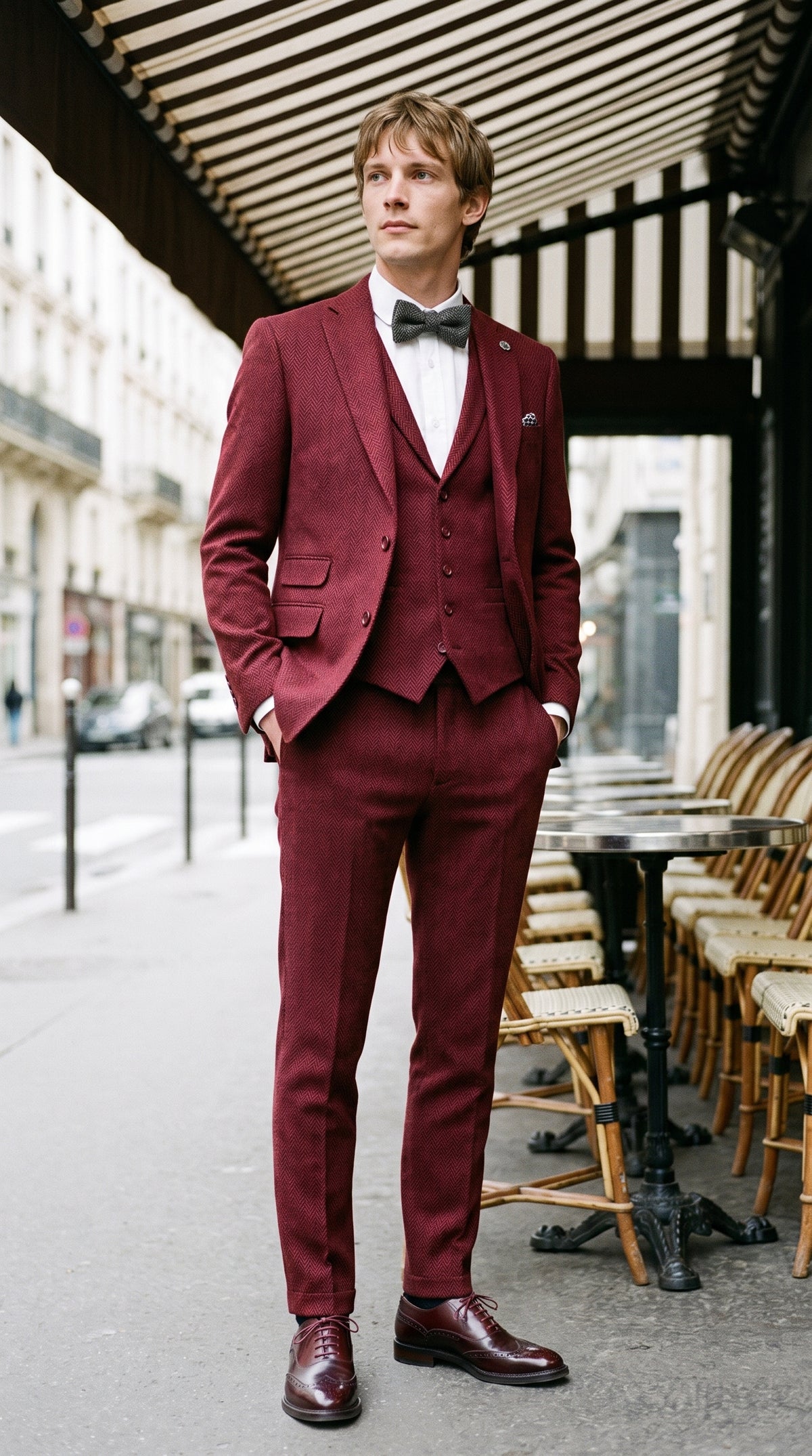 Look #144 styled with Costum bărbătesc din tweed, culoare vin-maro, cu 3 piese, în spic de hering - STZ11