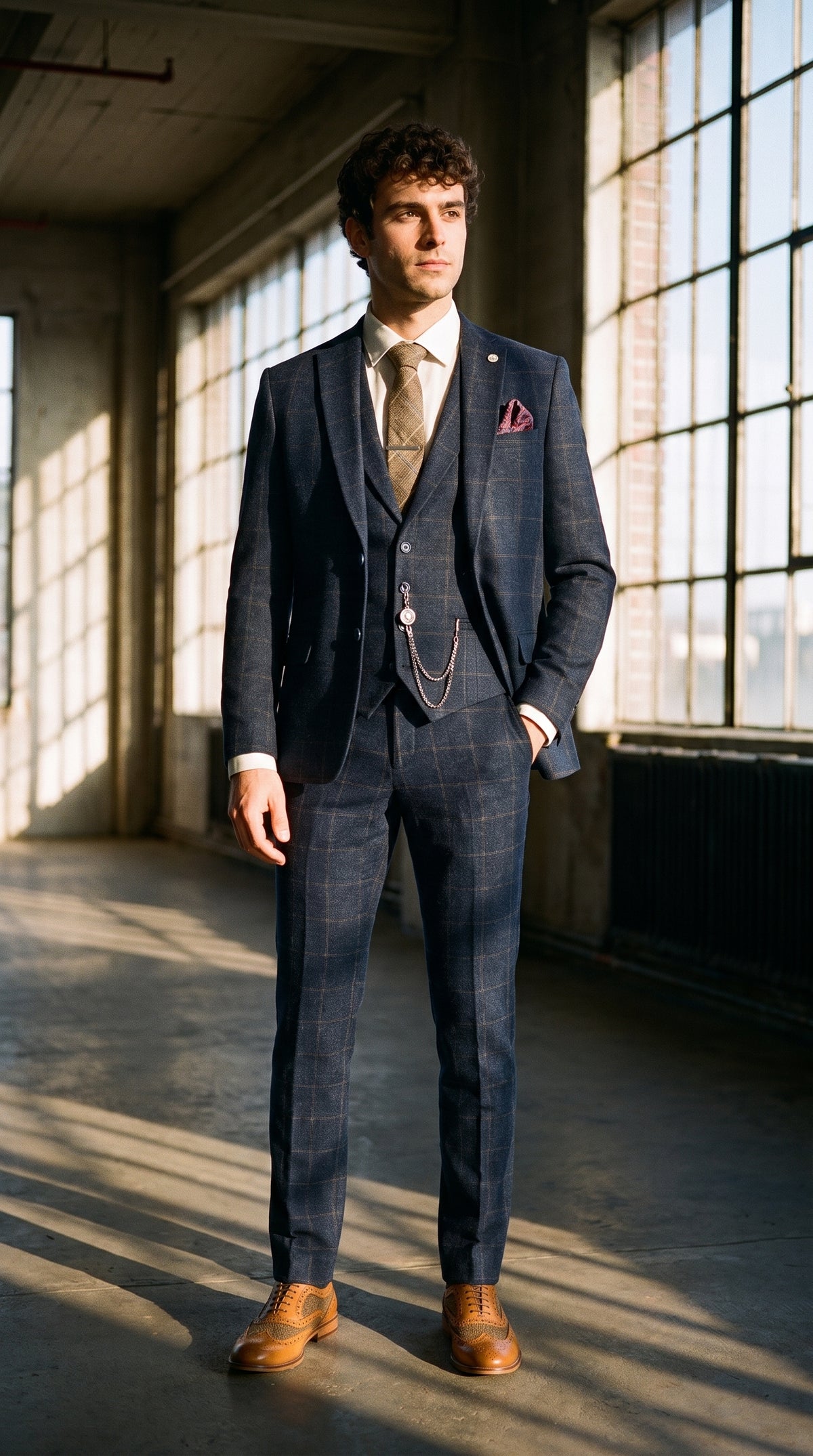 Look #725 styled with Costum bărbătesc din 3 piese, lână, tweed, bleumarin, maro, în carouri, stil Gatsby, anii 1920