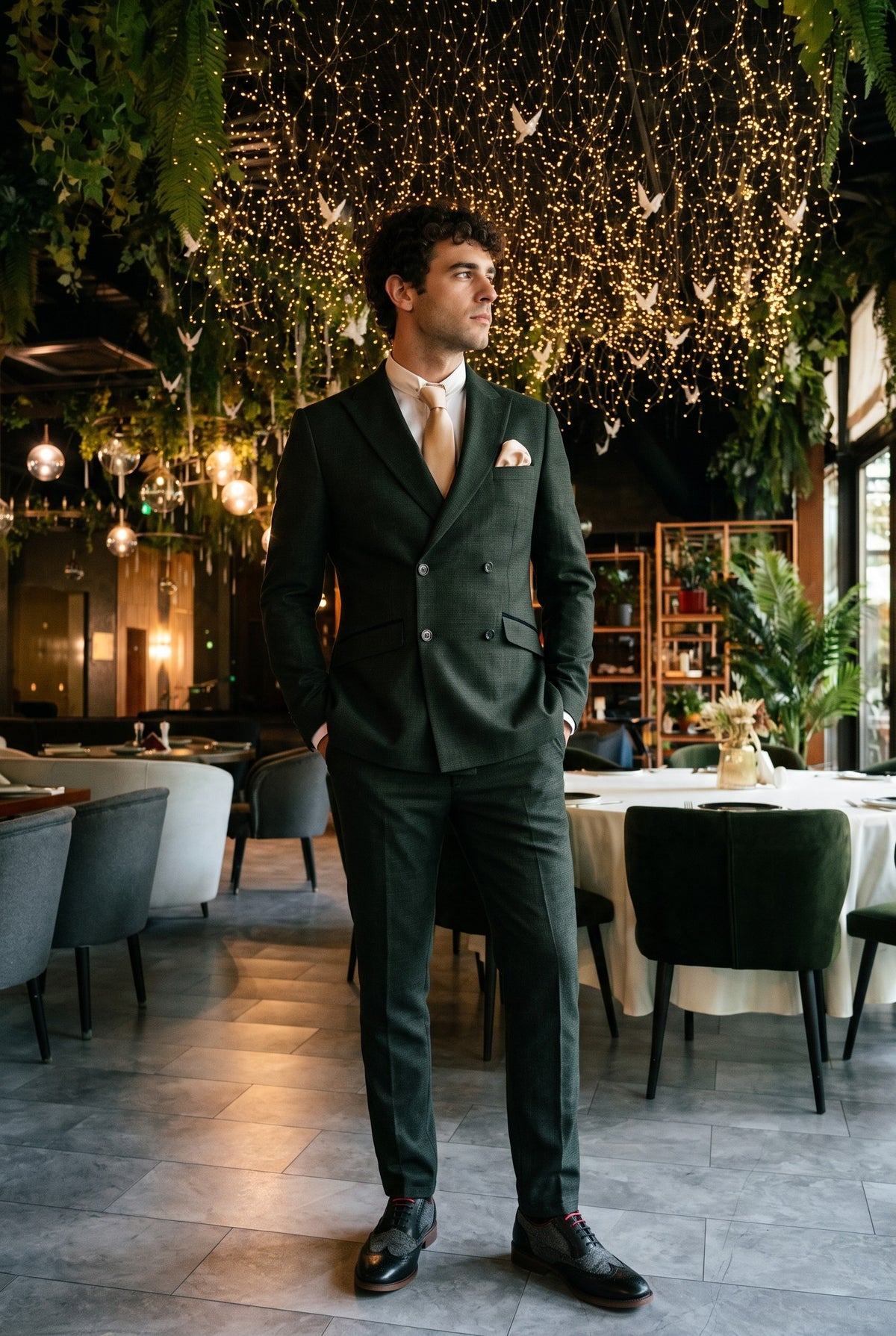 Look #784 styled with Costum bărbătesc din 2 piese, verde măsliniu, cu două rânduri de nasturi, Caridi