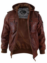 Mens Real Leather Hood Bomber Jacket Tan Timber Brown Washed Vintage Quilted