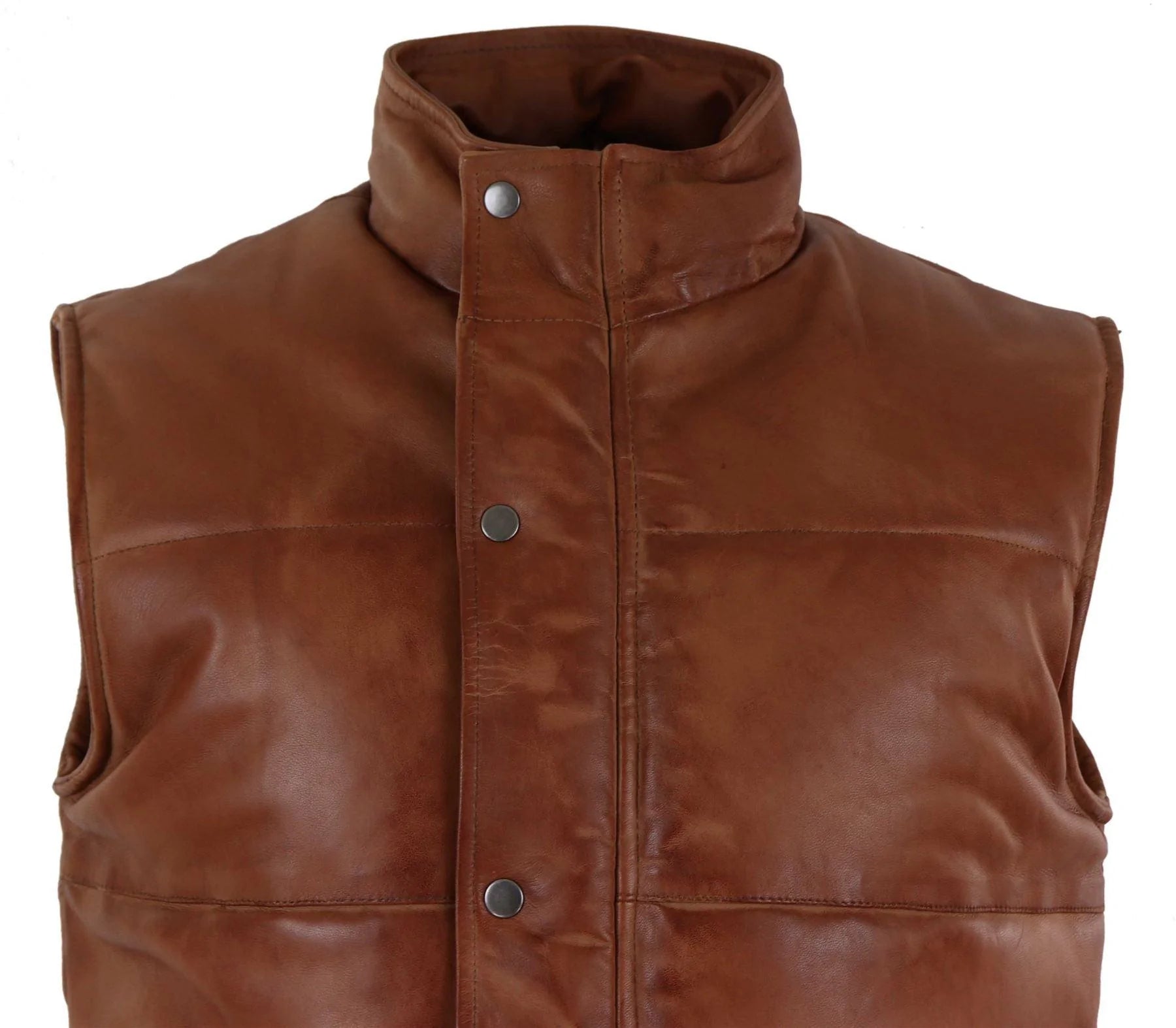 Mens Real Leather Waistcoat Gilet Quilted Puffer Design Warm Zip Casual Tan