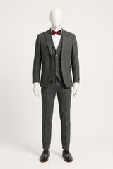 Costum bărbătesc gri cărbune din 3 piese, model herringbone, din tweed - STZ11