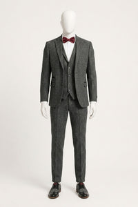 Costum bărbătesc gri cărbune din 3 piese, model herringbone, din tweed - STZ11