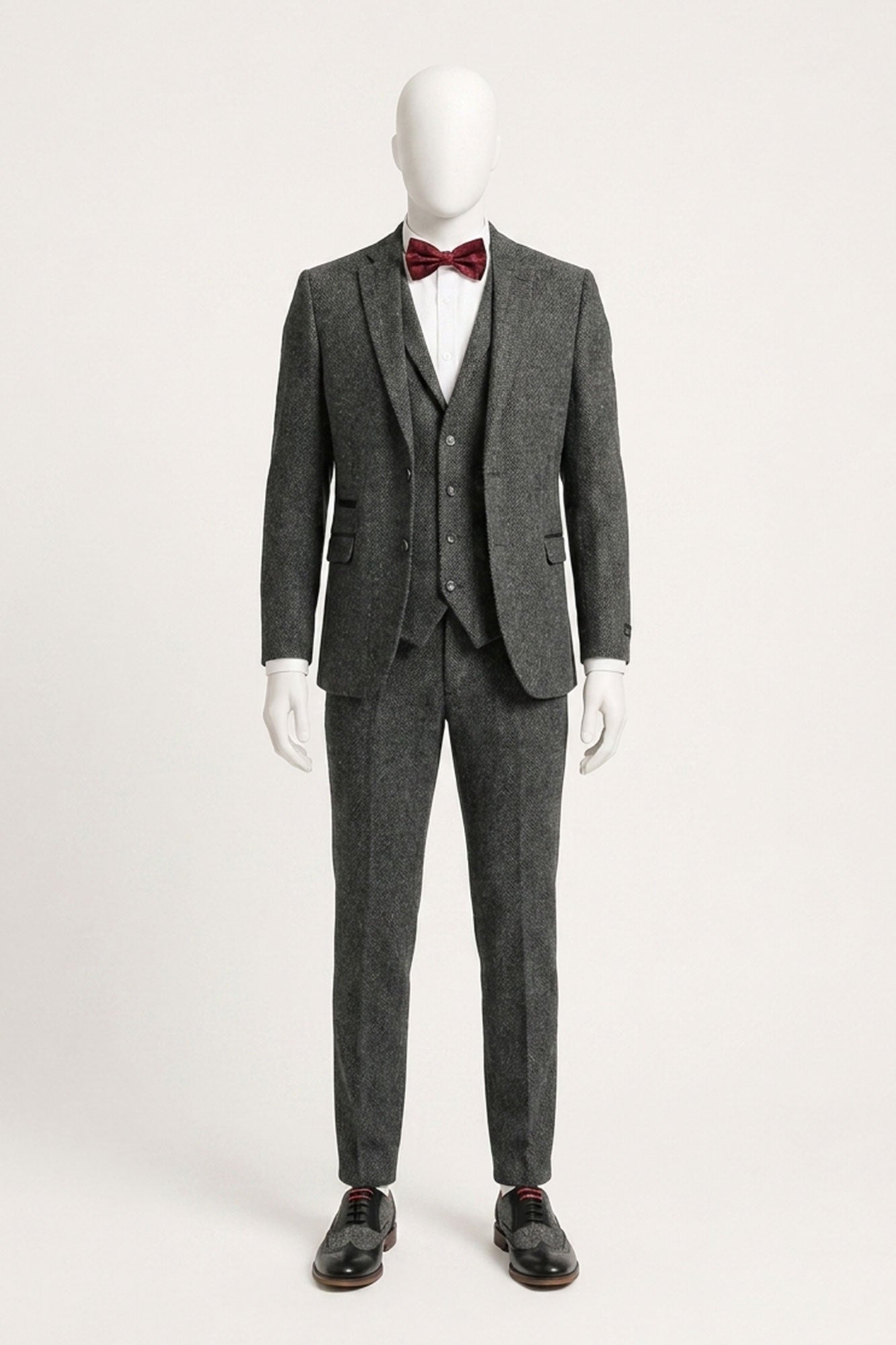 Costum bărbătesc gri cărbune din 3 piese, model herringbone, din tweed - STZ11