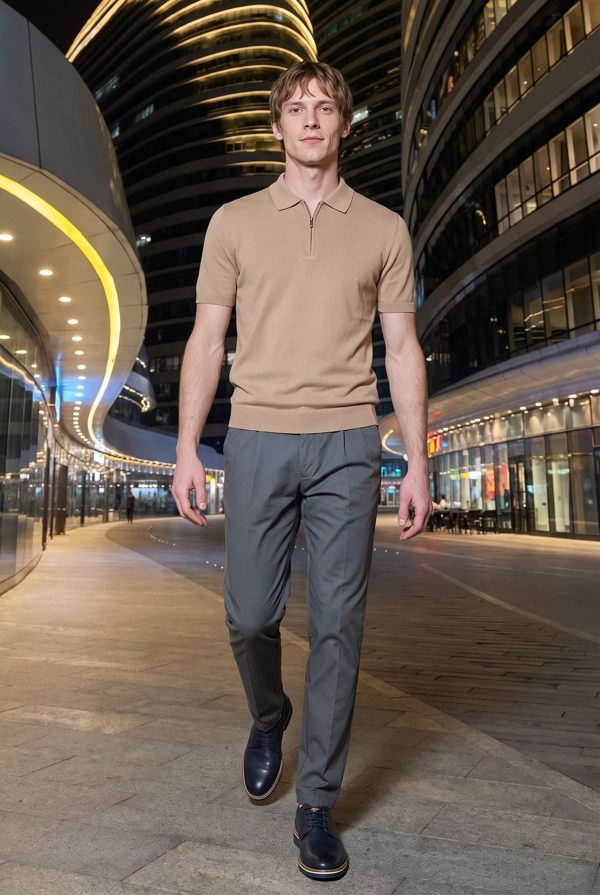Look #977 styled with Pantaloni sport eleganti, plisați, verde salvie, pentru bărbați, croială clasică, croită manual