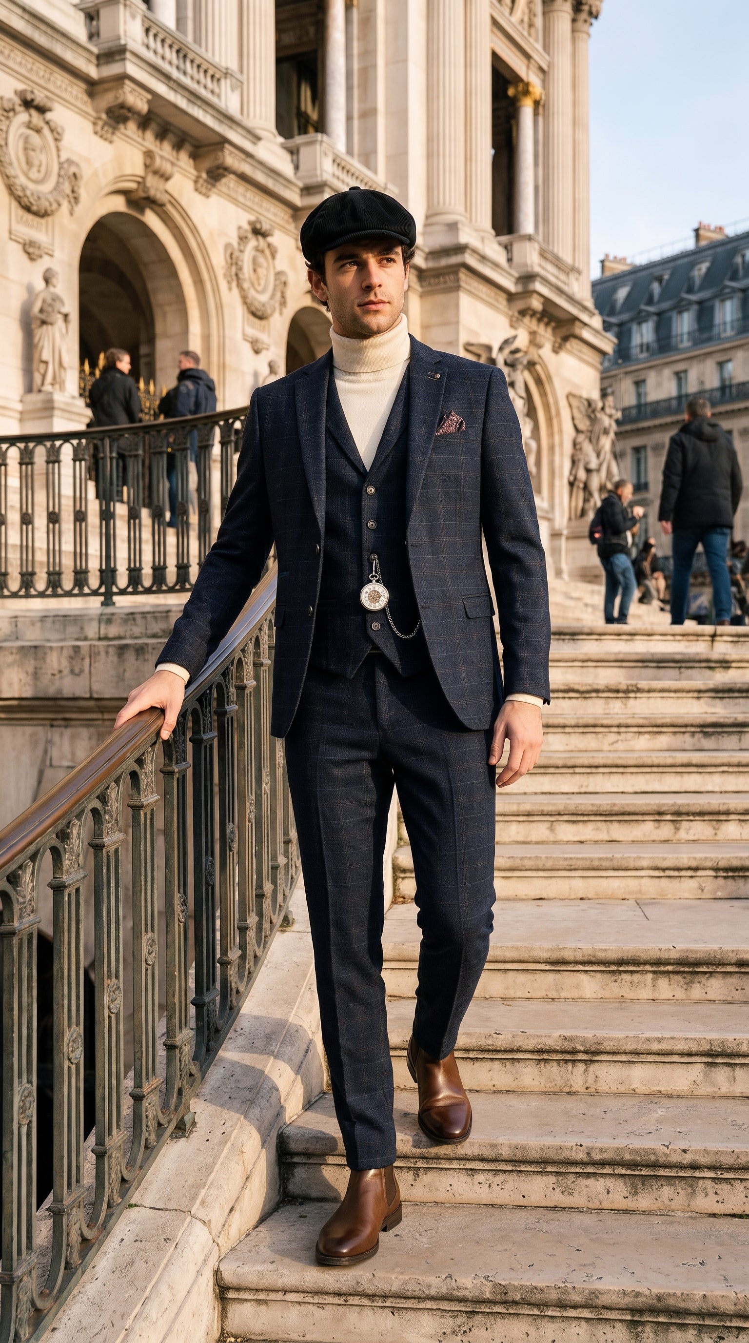 Look #133 styled with Costum Ryan pentru bărbați, bleumarin, din tweed, slim fit, format din 3 piese