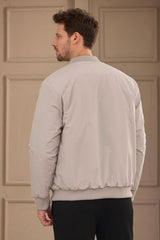 Jachetă bărbătească, gri și bej, reversibilă, tip bomber, ușoară, matlasată, 2 în 1