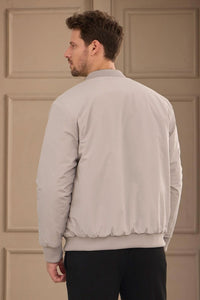 Jachetă bărbătească, gri și bej, reversibilă, tip bomber, ușoară, matlasată, 2 în 1