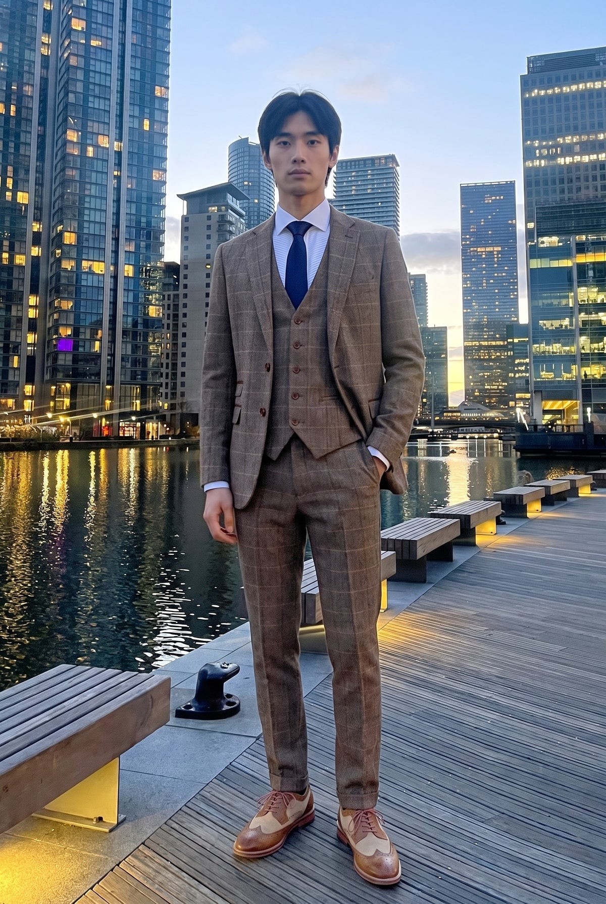 Look #536 styled with Harris - Costum bărbătesc maro din 3 piese, model herringbone, tweed, în carouri