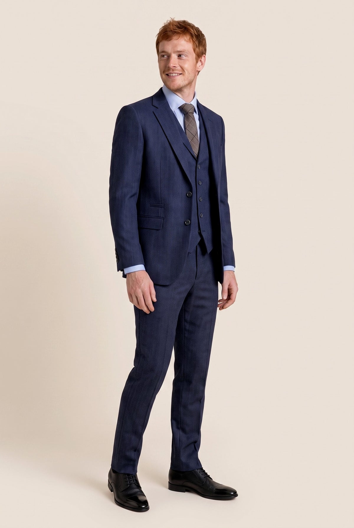 Look #987 styled with Costum bărbătesc bleumarin cu model herringbone din tweed, 3 piese