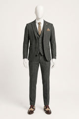 Costum bărbătesc gri cărbune din 3 piese, model herringbone, din tweed - STZ11