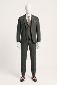 Costum bărbătesc gri cărbune din 3 piese, model herringbone, din tweed - STZ11