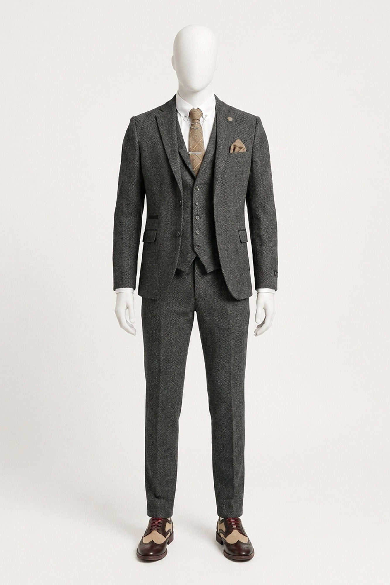 Costum bărbătesc gri cărbune din 3 piese, model herringbone, din tweed - STZ11