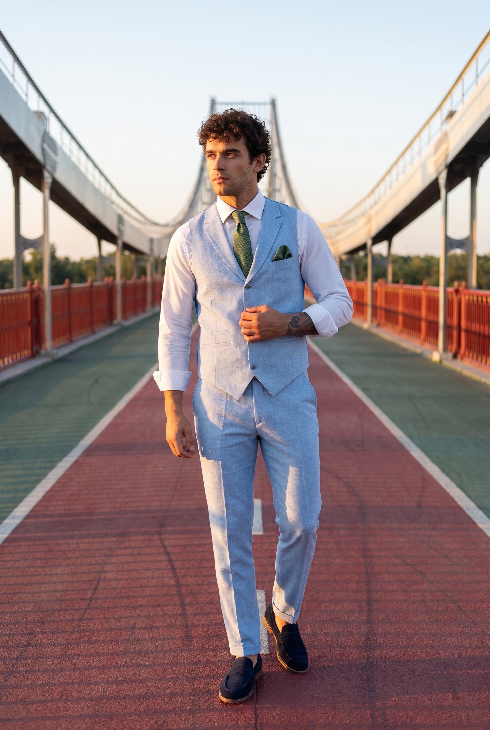 Look #886 styled with TP-13 - Costum de vară bărbătesc, vestă, pantaloni, in, formal, albastru deschis, nuntă