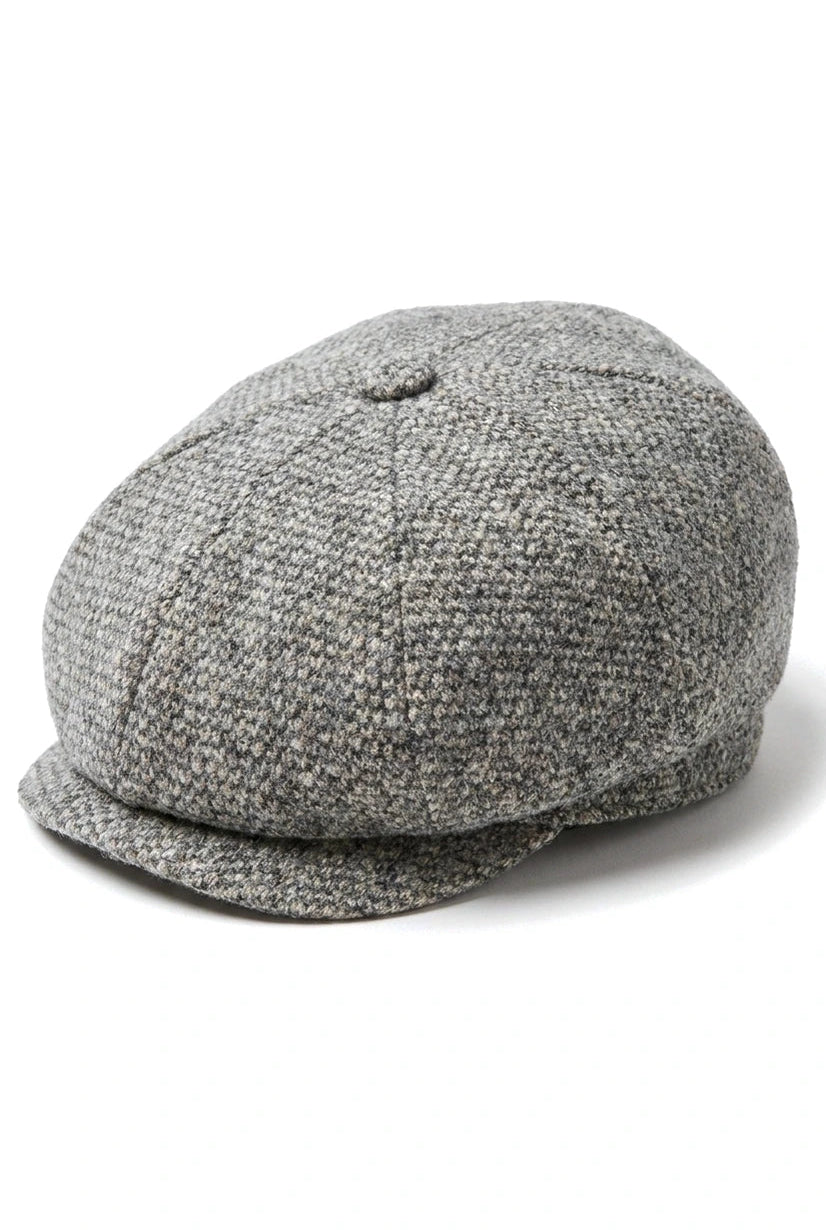 Șapcă Baker Boy cu 8 panouri, model Shelby, model clasic din tweed, gri deschis, ras