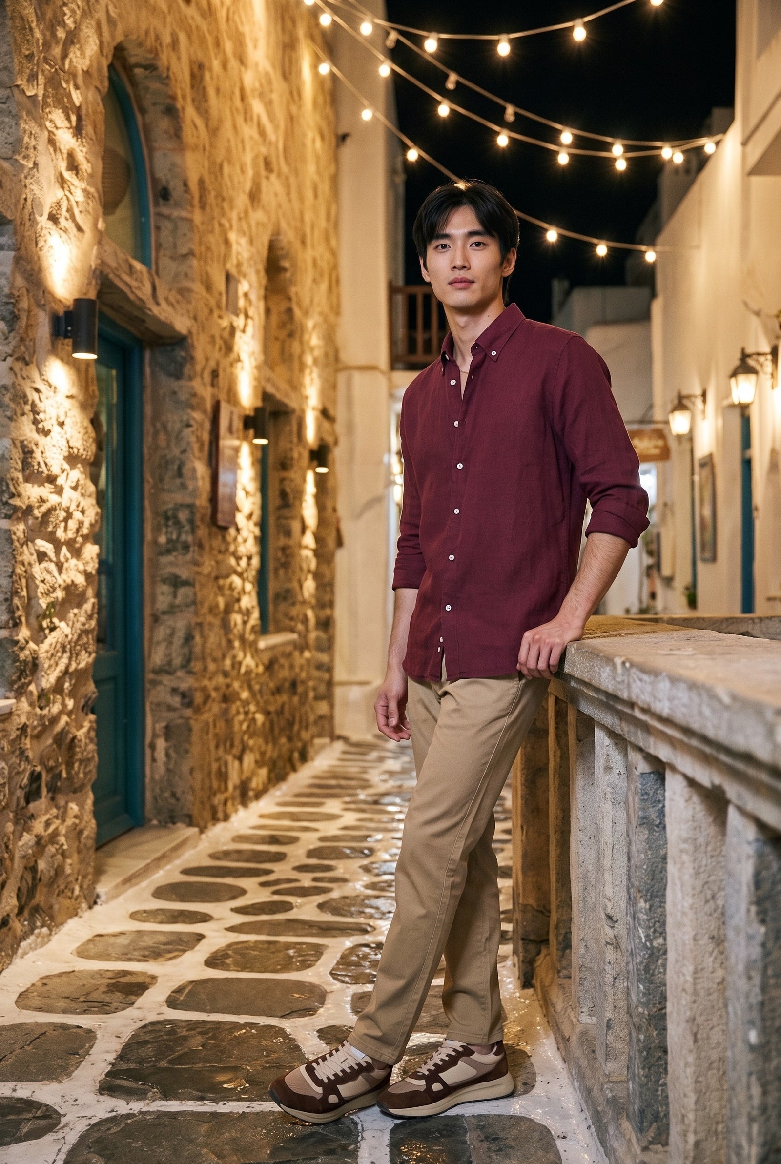 Look #1031 styled with Pantaloni chino bărbătești kaki, din amestec de in, material subțire de vară din bumbac Tencel