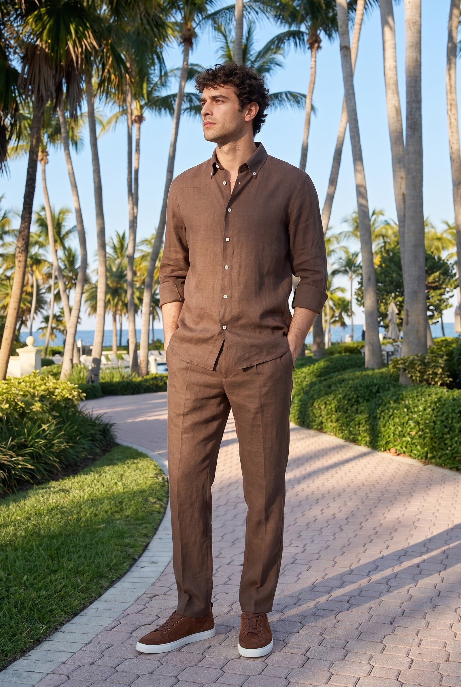 Look #872 styled with Cămașă bărbătească maro închis din in pur, cămașă de vară cu mânecă lungă și nasturi