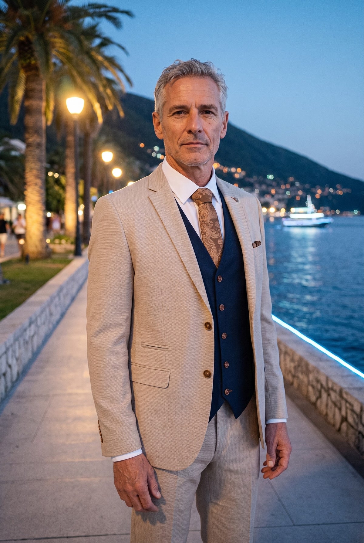 Look #944 styled with Mayfair - Costum bărbătesc crem din 3 piese cu vestă bleumarin