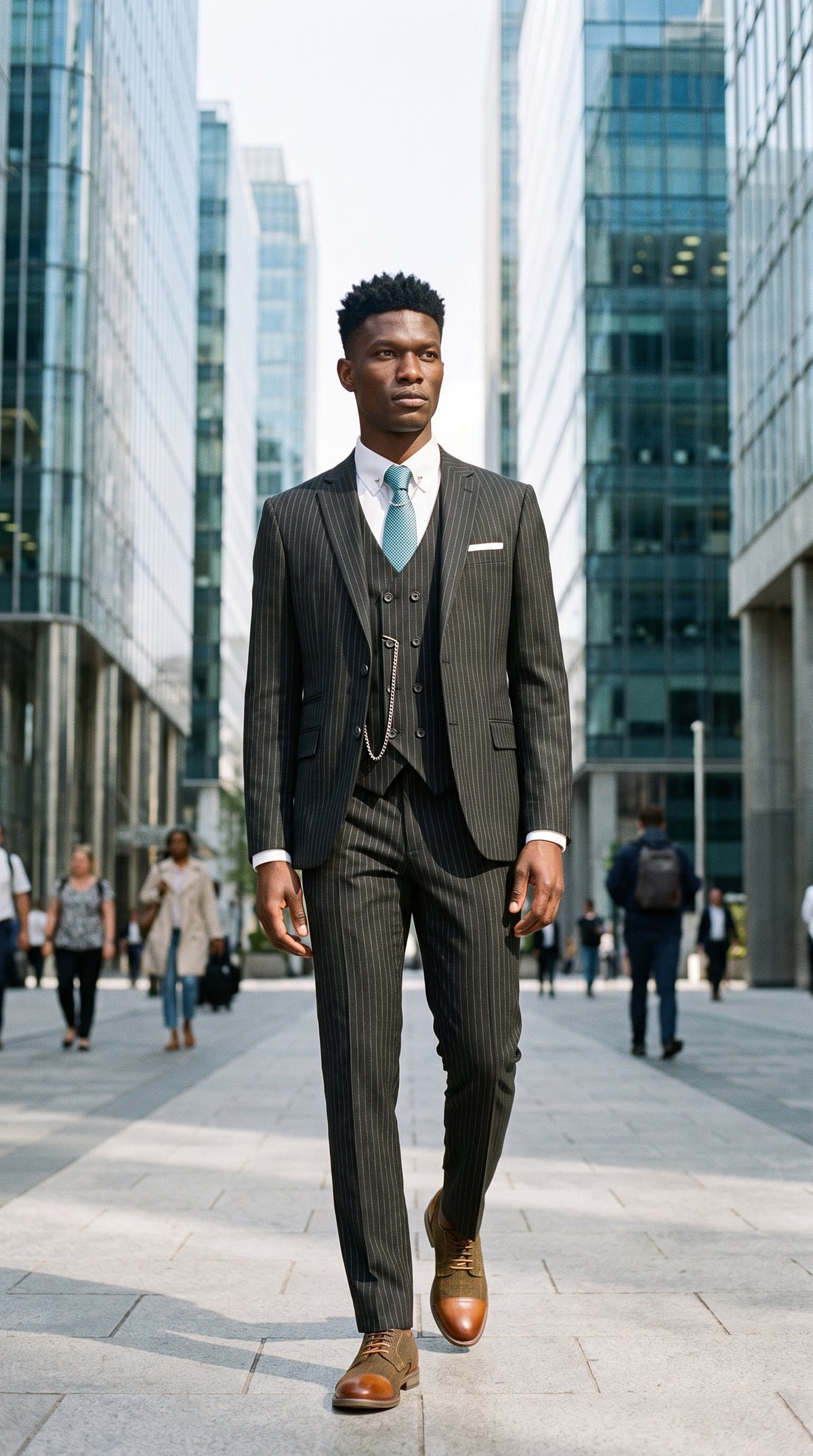 Look #276 styled with Costum negru bărbătesc din 3 piese cu dungi subțiri