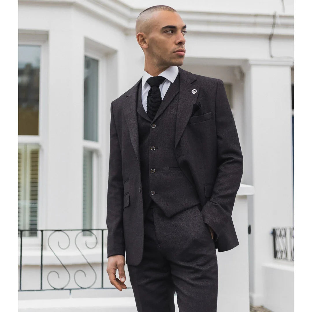 Costum bărbătesc din tweed cu model Herringbone, trei piese, prună