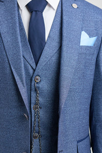 Costum bărbătesc AK-09, format din 3 piese, croit la comandă, în carouri albastre Prince of Wales