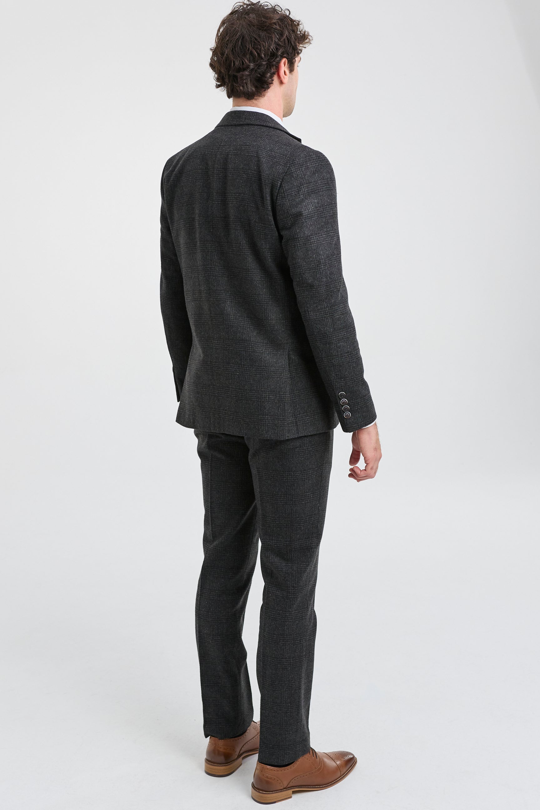 Costum bărbătesc negru cu model Glen Check din 3 piese