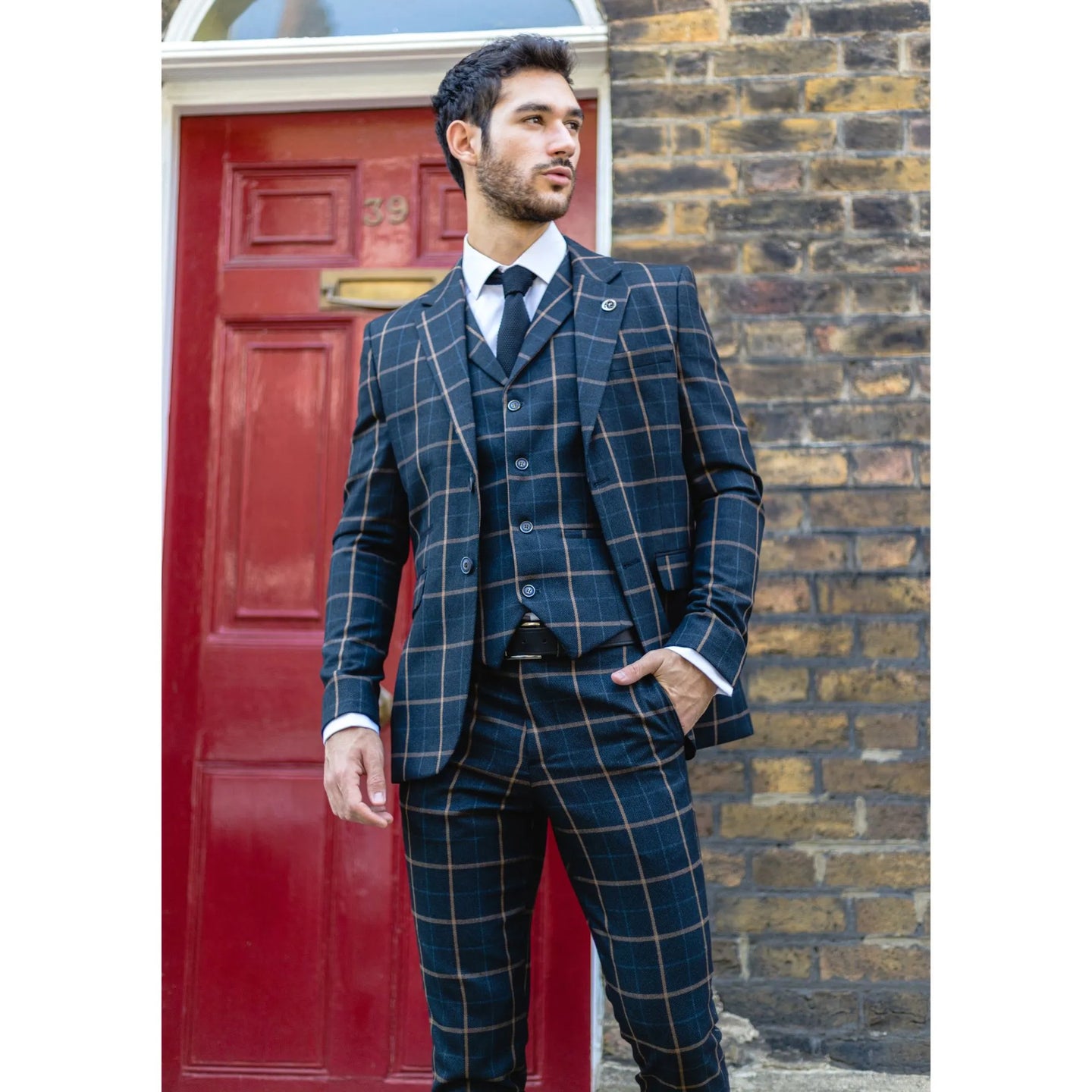 Costum bărbătesc bleumarin cu model Windowpane din 3 piese