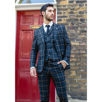 Costum bărbătesc bleumarin cu model Windowpane din 3 piese