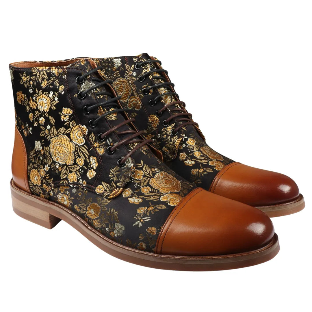 Adan - Men's Floral Print Leather Oxford Ankle Brown Boots