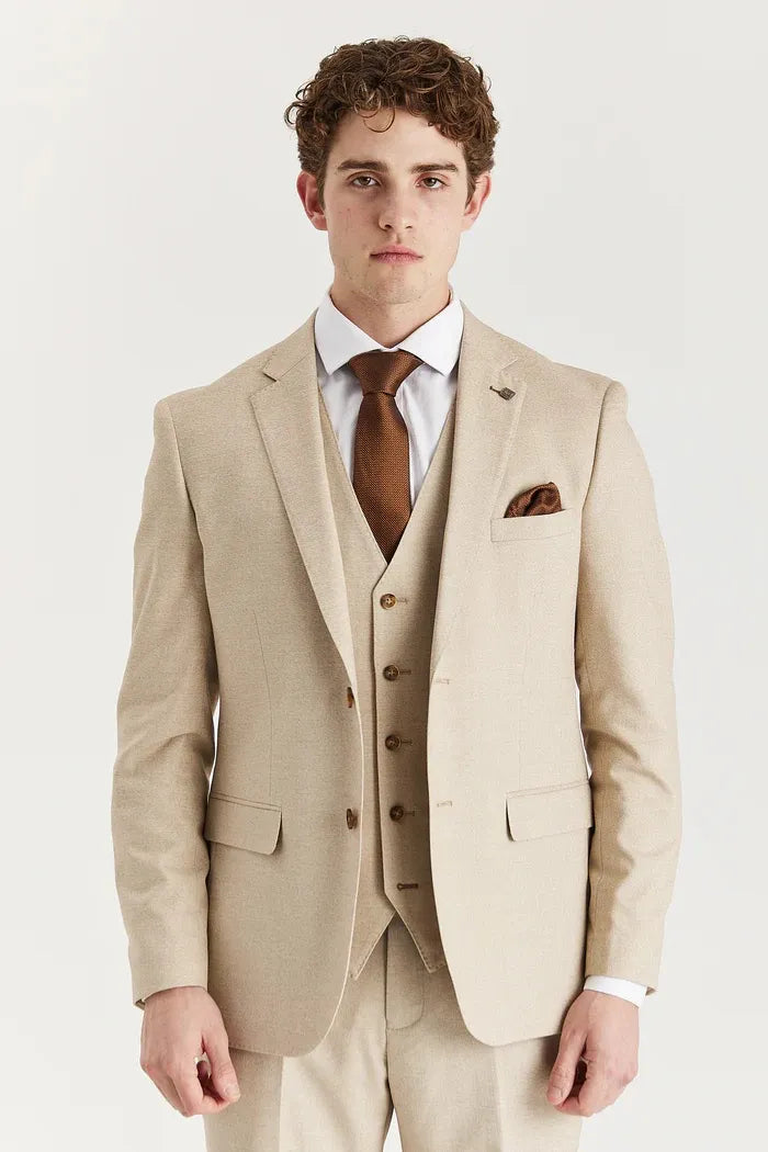 Belmont - Men's Beige 3 Piece Stitch Lapel Classic Suit