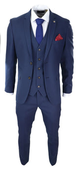 Mens Navy 3 Piece Suit Tailored Fit Smart Formal Classic Wedding Retro Vintage