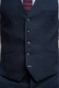 Costum bărbătesc din 3 piese, model Prince of Wales, în carouri albastru deschis, cu vestă bleumarin