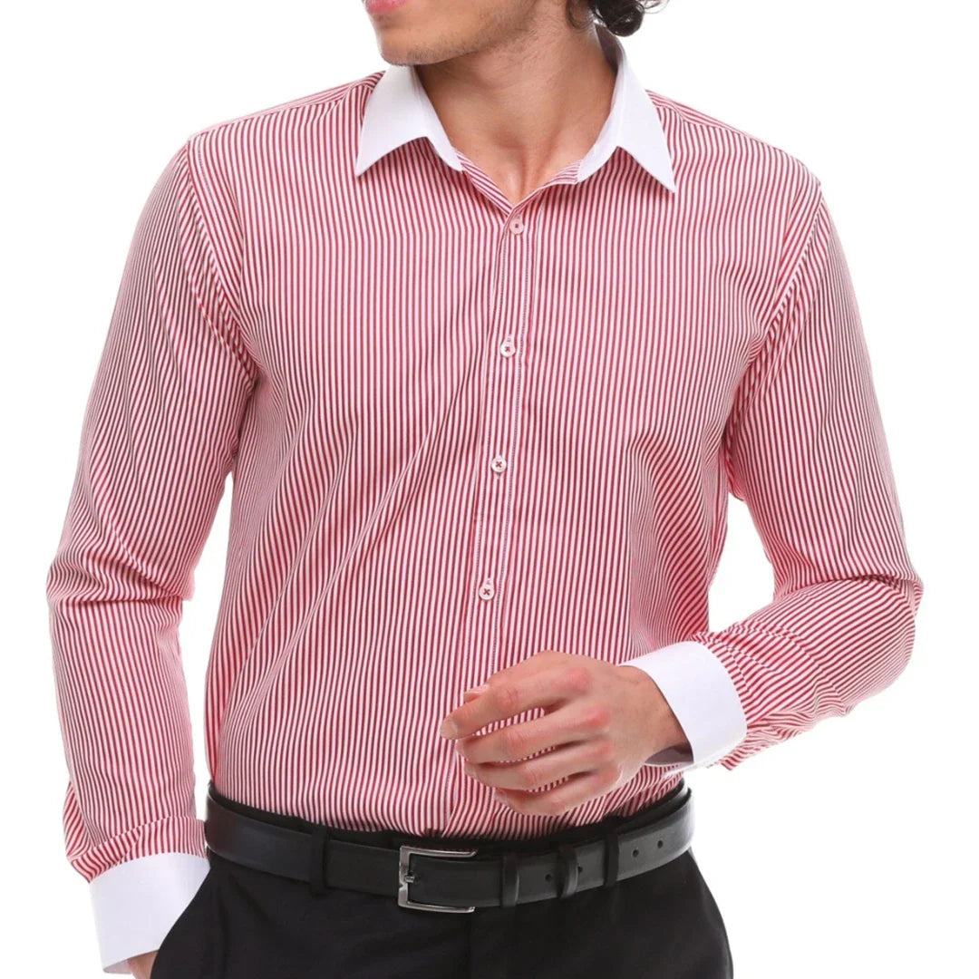 Men's Button Down Stripe Dress Shirt Formal Classic Collar - Red