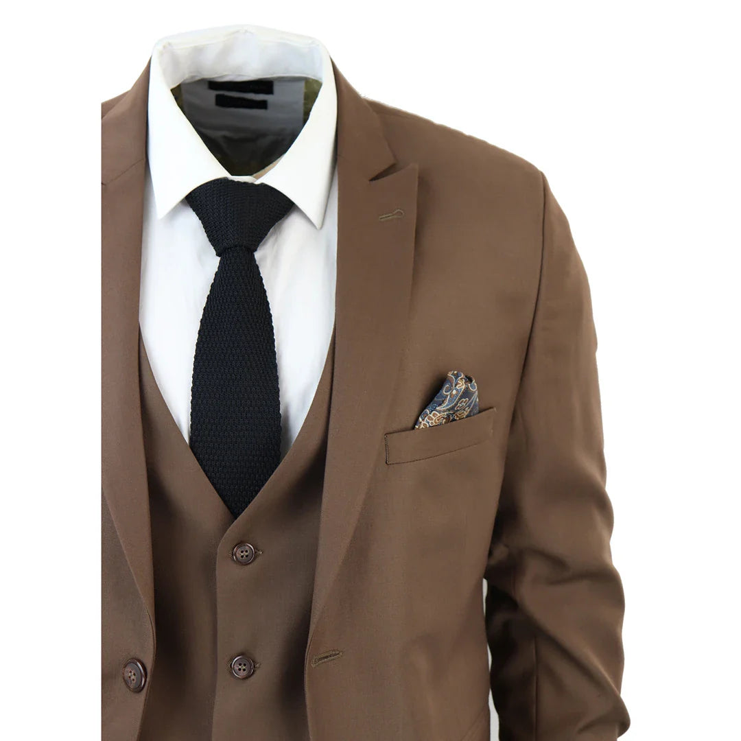 IM1 Men's Classic Brown Plain Tailored Fit 3-Piece Suit