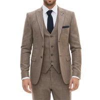 Brown checkered suit with a white shirt and navy tie on a white background